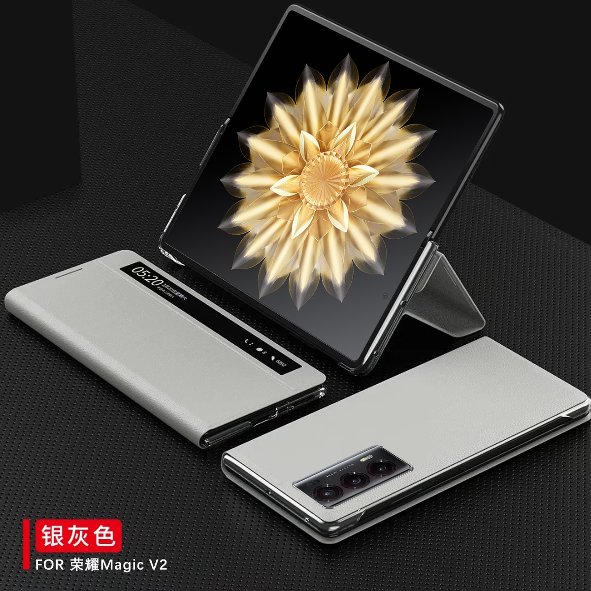 Compatible with Honor Magic V2 phone case, foldable screen, smart window, magnetic flip stand, drop-proof protective leather case - Gray Honor Magic V2
