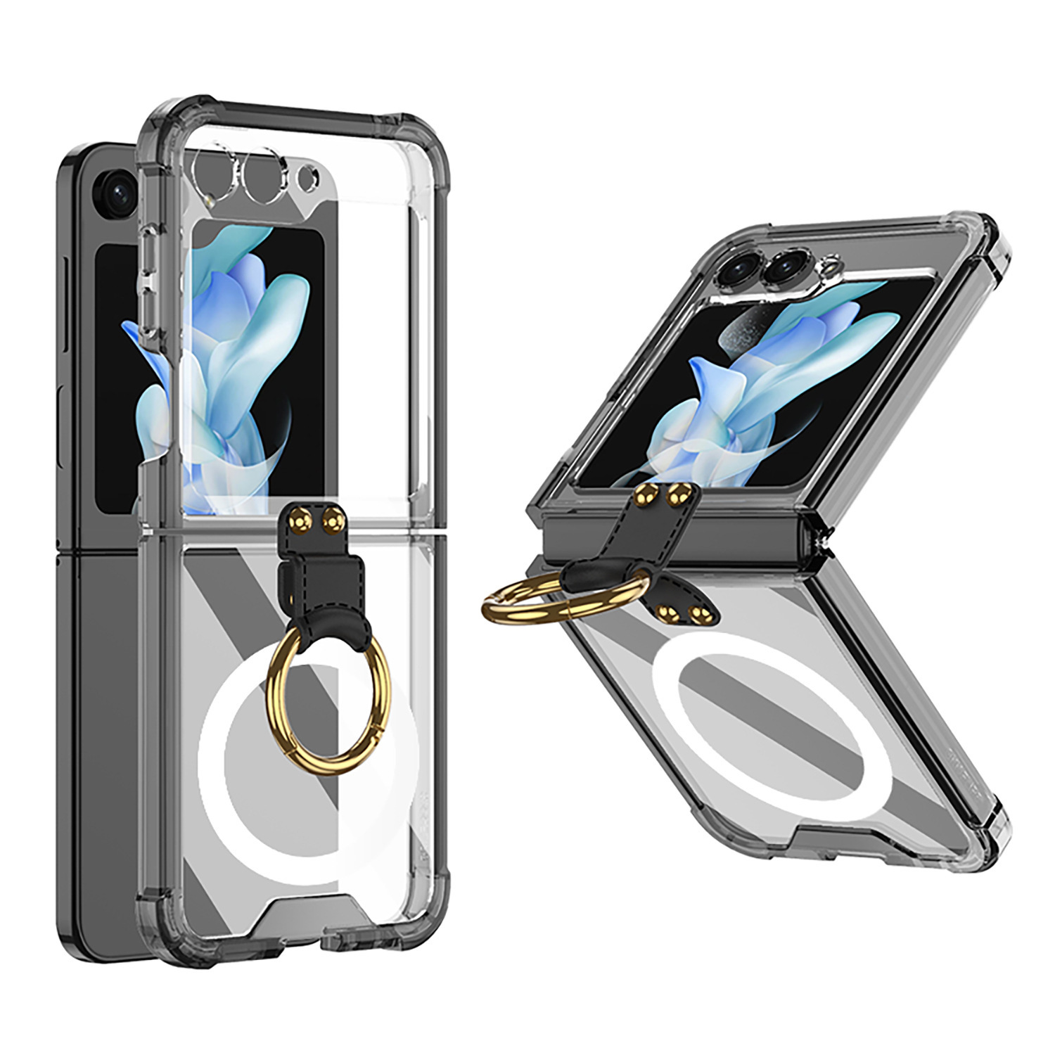 Compatible with Samsung Z Flip 5/6/7 phone cases, wireless charging, transparent airbag ring, foldable screen, drop-proof protective case. - Translucent Black [Magnetic Ring] Samsung SM-Z Flip5