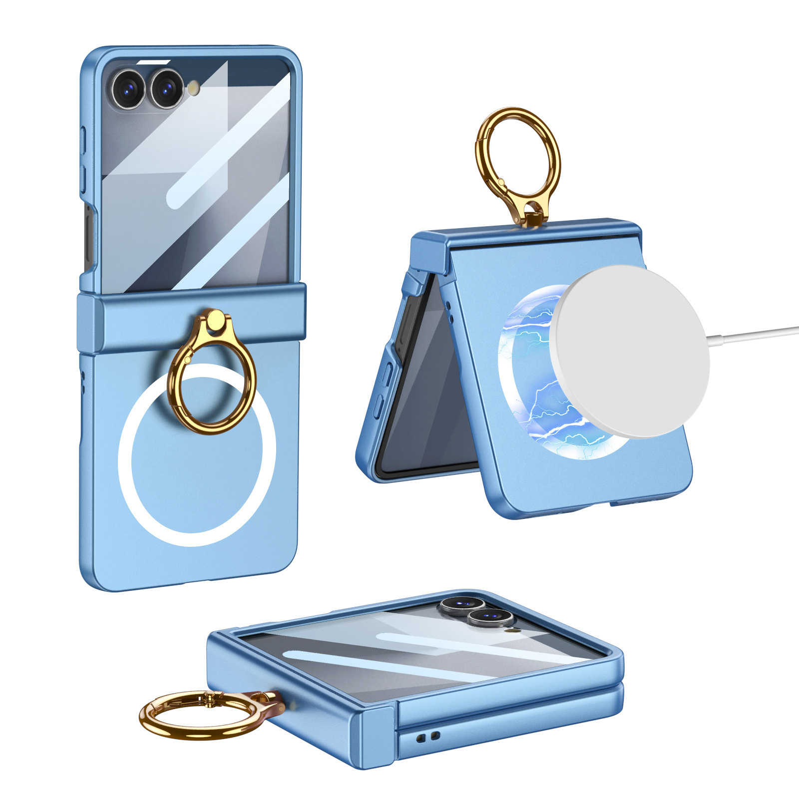 Compatible with Samsung Z Flip8 phone case, 7/6 wireless charging, magnetic swivel hinge, ring case, full-coverage folding protective case. - Ice Crystal Blue Wireless Charger with Case and Screen Protector Samsung-Z Flip 8