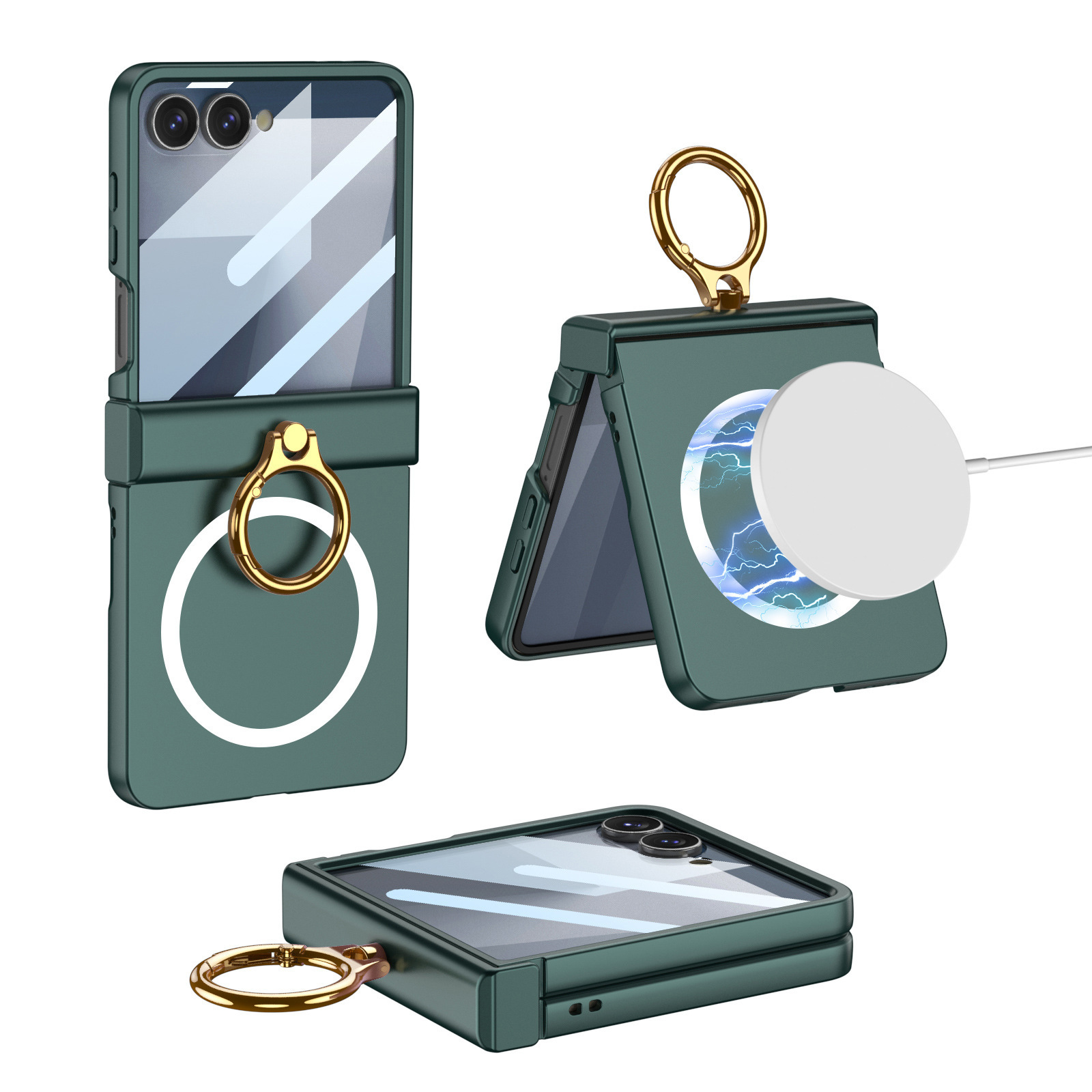 Compatible with Samsung Z Flip8 phone case, 7/6 wireless charging, magnetic swivel hinge, ring case, full-coverage folding protective case. - Forest Green Wireless Charger with Case Screen Cover
