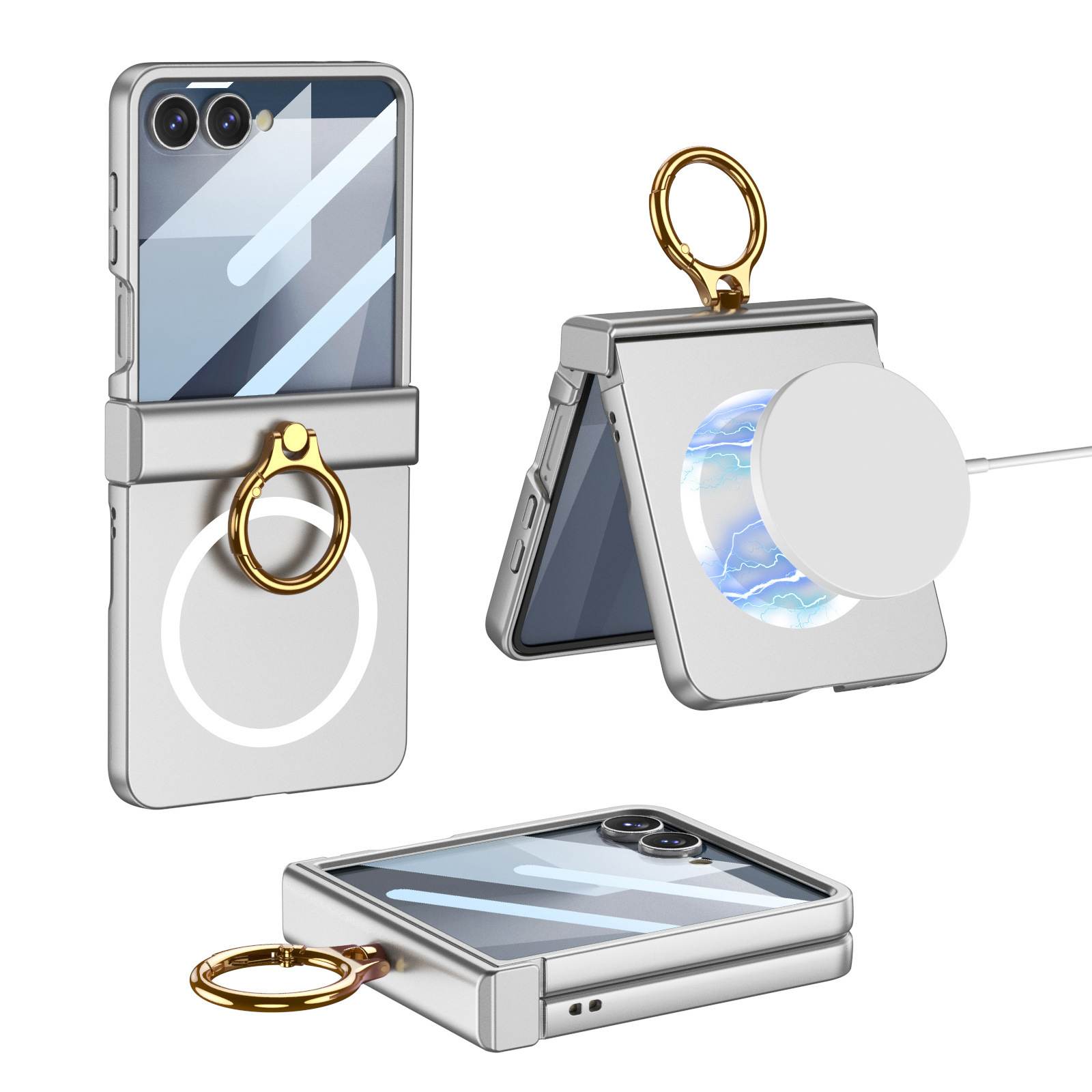 Compatible with Samsung Z Flip8 phone case, 7/6 wireless charging, magnetic swivel hinge, ring case, full-coverage folding protective case. - Elegant Silver Wireless Charger with Case and Screen Protector Samsung Z Flip 8