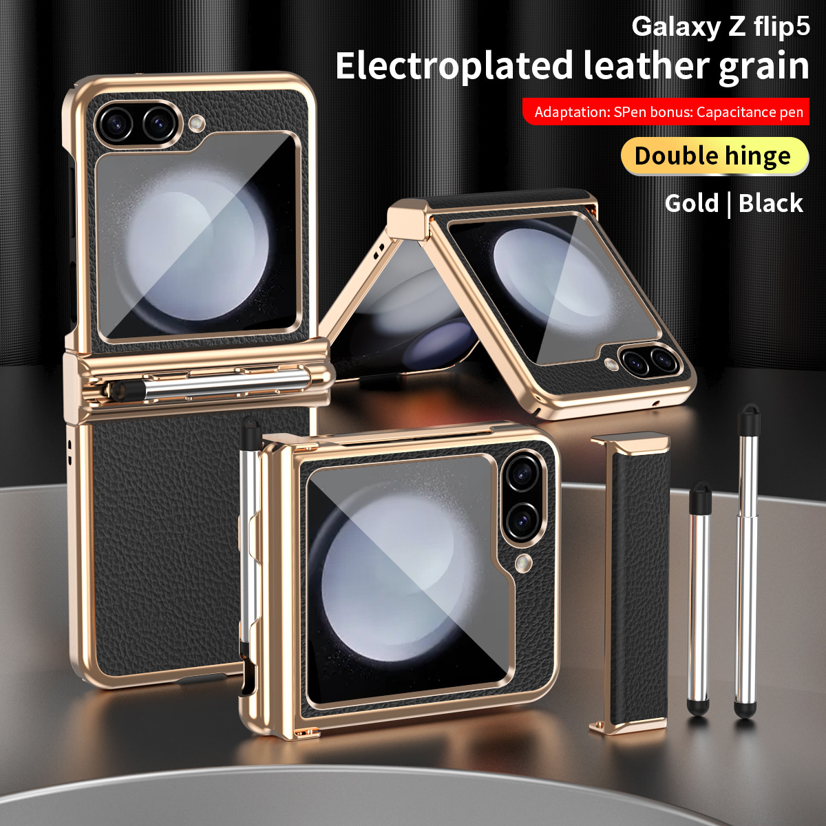 Compatible with Samsung Z Flip 6/5/4/3 phone cases, dual hinge, with S Pen stylus, electroplated leather protective case. - Black + Gold [Dual Hinge] Samsung-Z Flip6
