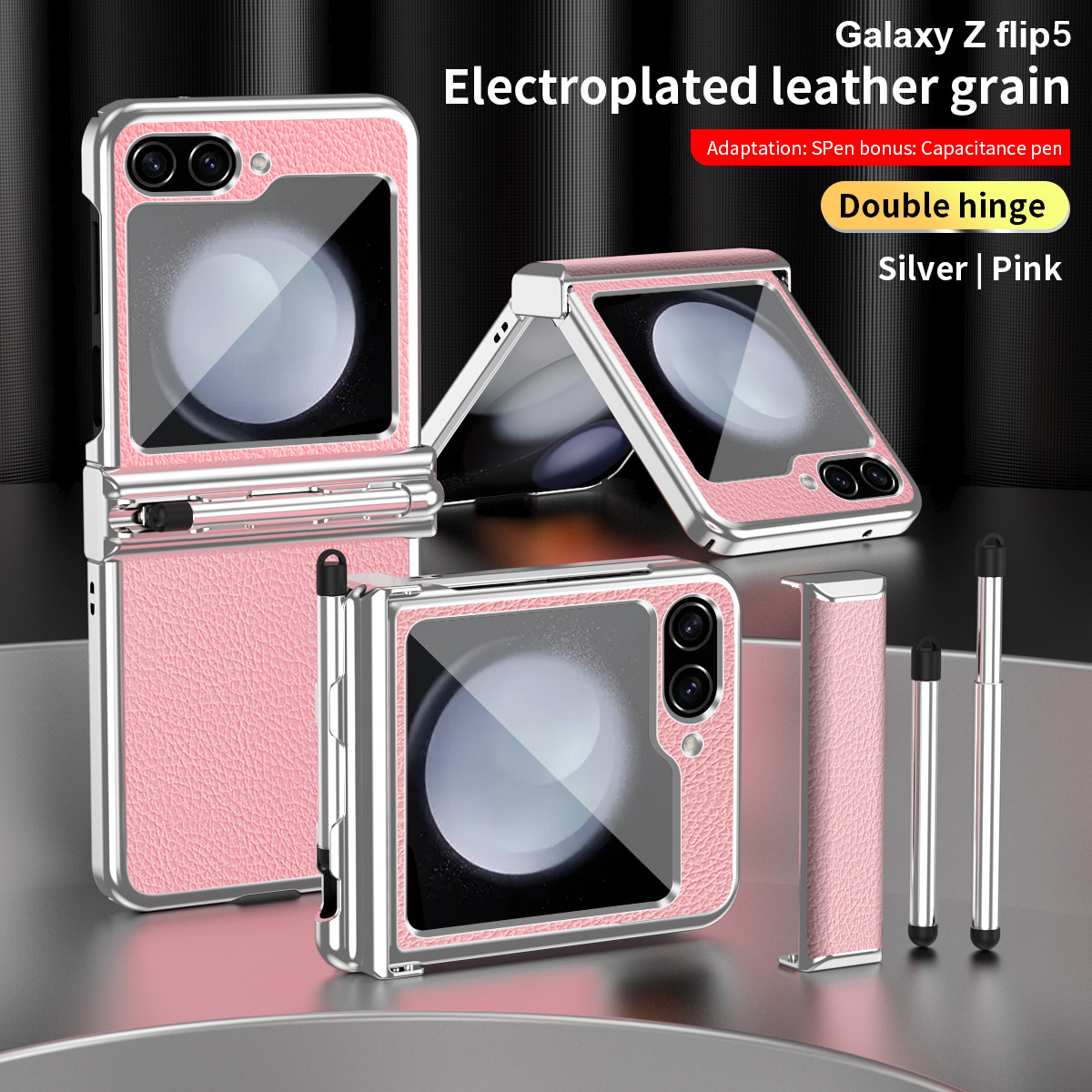 Compatible with Samsung Z Flip 6/5/4/3 phone cases, dual hinge, with S Pen stylus, electroplated leather protective case. - Pink + Silver [Dual Hinge] Samsung-Z Flip6