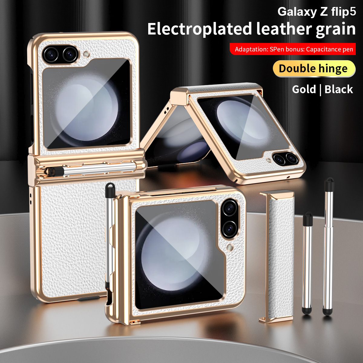 Compatible with Samsung Z Flip 6/5/4/3 phone cases, dual hinge, with S Pen stylus, electroplated leather protective case. - White + Gold [Dual Hinge] Samsung Z Flip 6