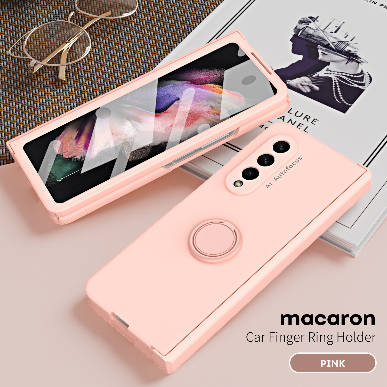 Compatible with Samsung Z Fold7/6/5 phone case, 4/3 ring holder hinge case, full-coverage drop-proof protective case. - Pink [Casing] Ring SM-Z Fold7 [Spring Hinge]