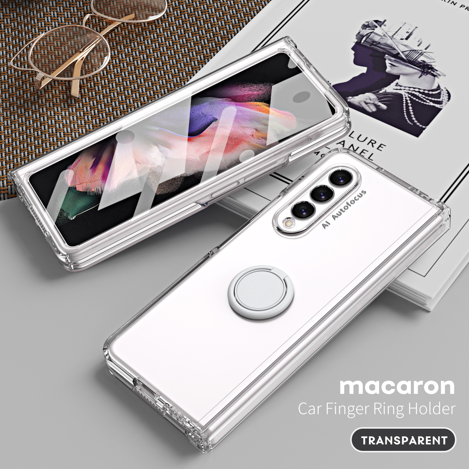 Compatible with Samsung Z Fold7/6/5 phone case, 4/3 ring holder hinge case, full-coverage drop-proof protective case. - Transparent Case Ring SM-Z Fold7 Spring Hinge