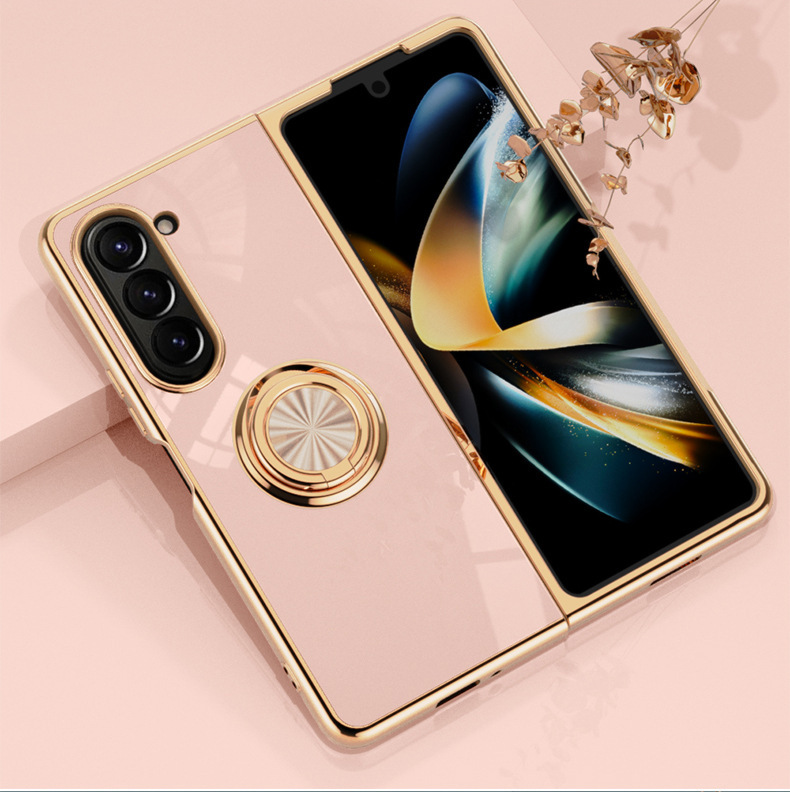 Compatible with Samsung Z Fold8U phone case, 7/6 electroplated ring holder, car magnetic 5/4 folding screen protective case - Light pink Z Fold8ultra
