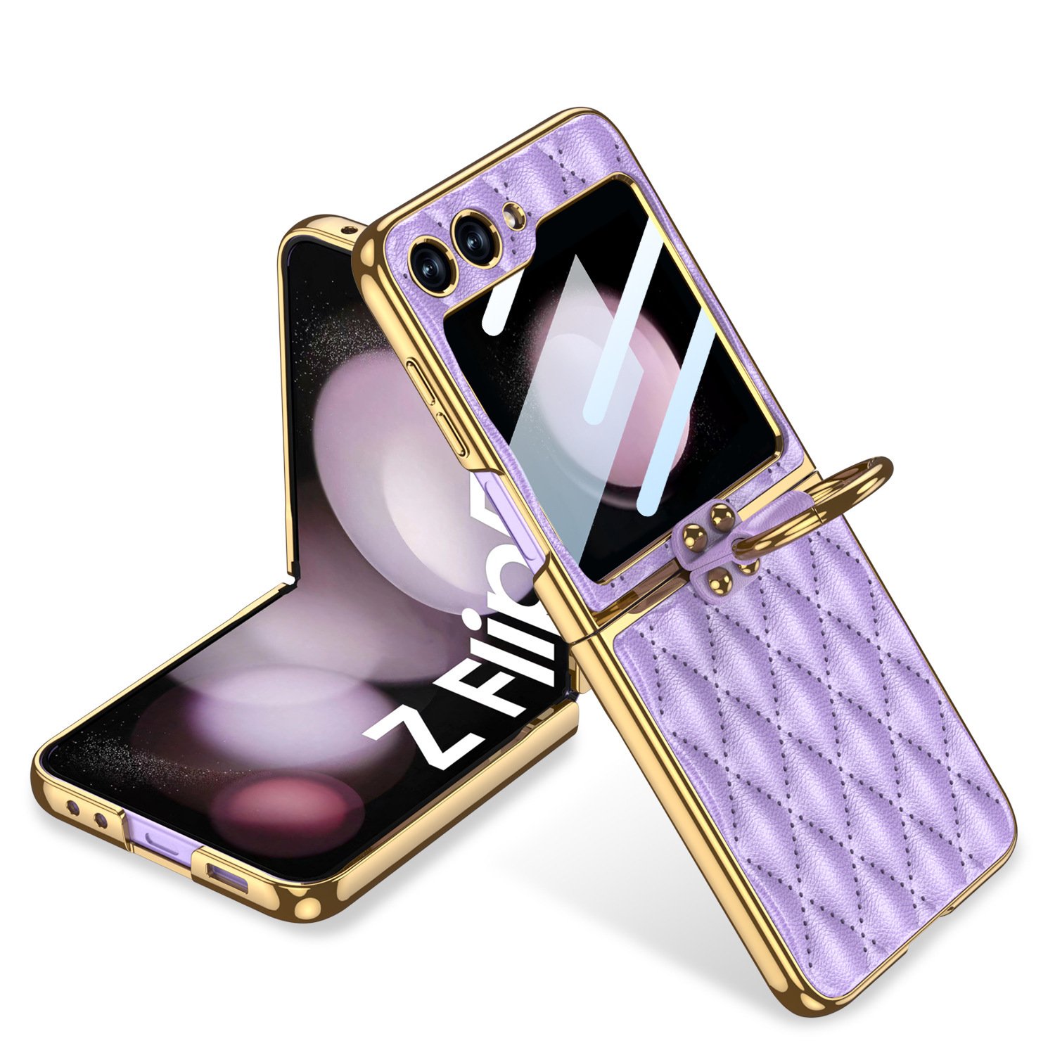 Compatible Samsung Z Flip 6/5 phone case, electroplated leather, diamond pattern, Chanel-style ring case, full-coverage protective case. - Dream Purple [Shell Cover] Samsung Z Flip5