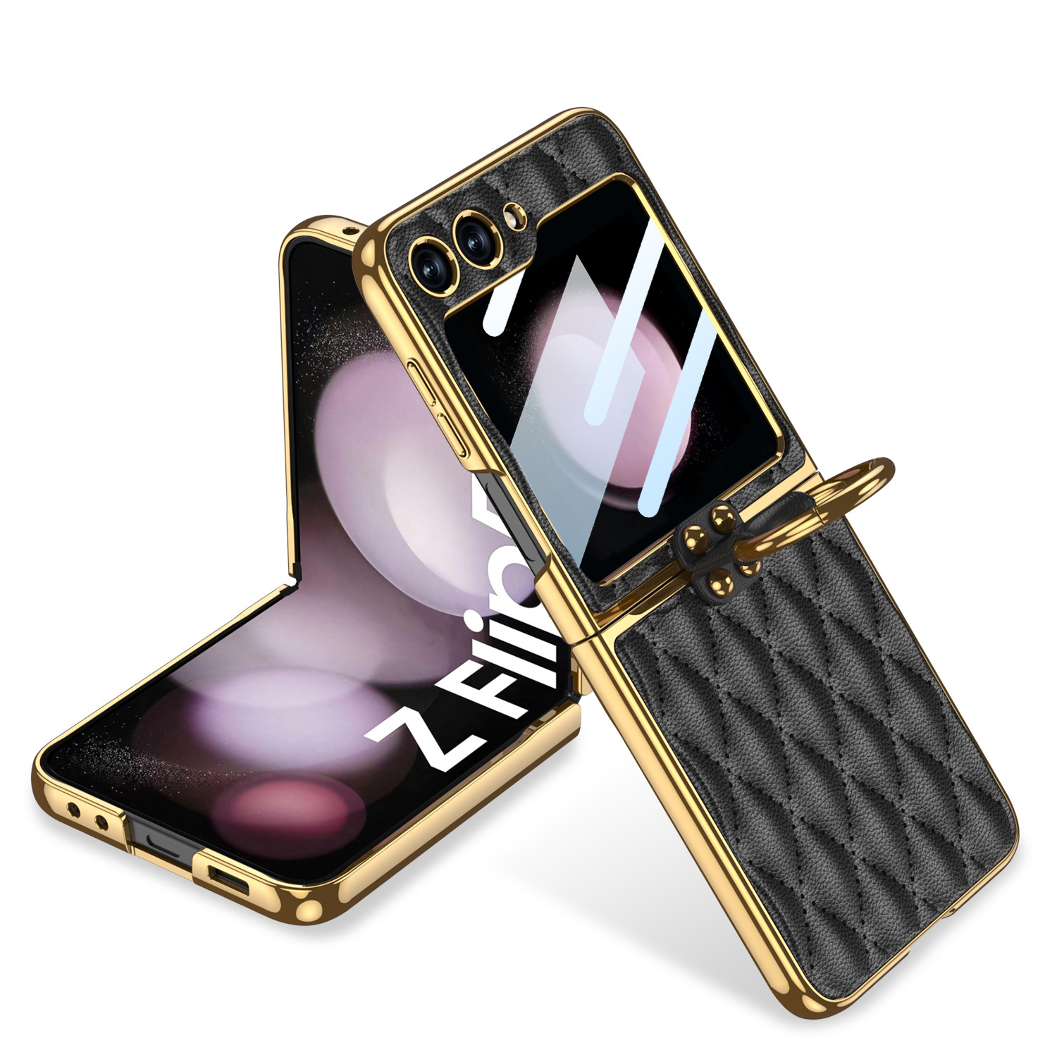 Compatible Samsung Z Flip 6/5 phone case, electroplated leather, diamond pattern, Chanel-style ring case, full-coverage protective case. - Cool Black Case Cover for Samsung Z Flip5