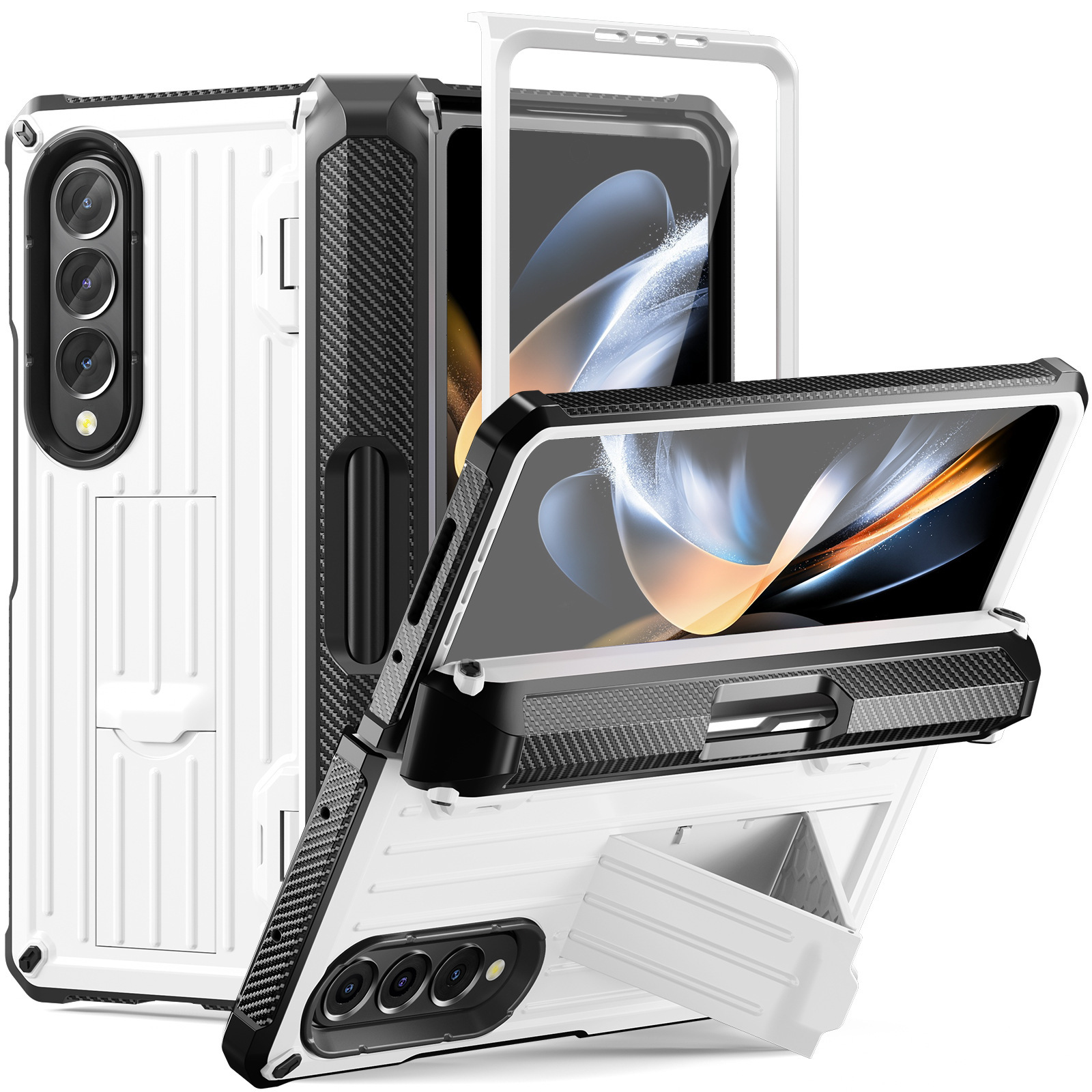 Compatible with Samsung ZFold5/4/3 phone case, hidden stand, pen slot case, full coverage foldable screen, drop-proof protective case - White [case and screen protector] without pen Samsung Z Fold5 [with box]