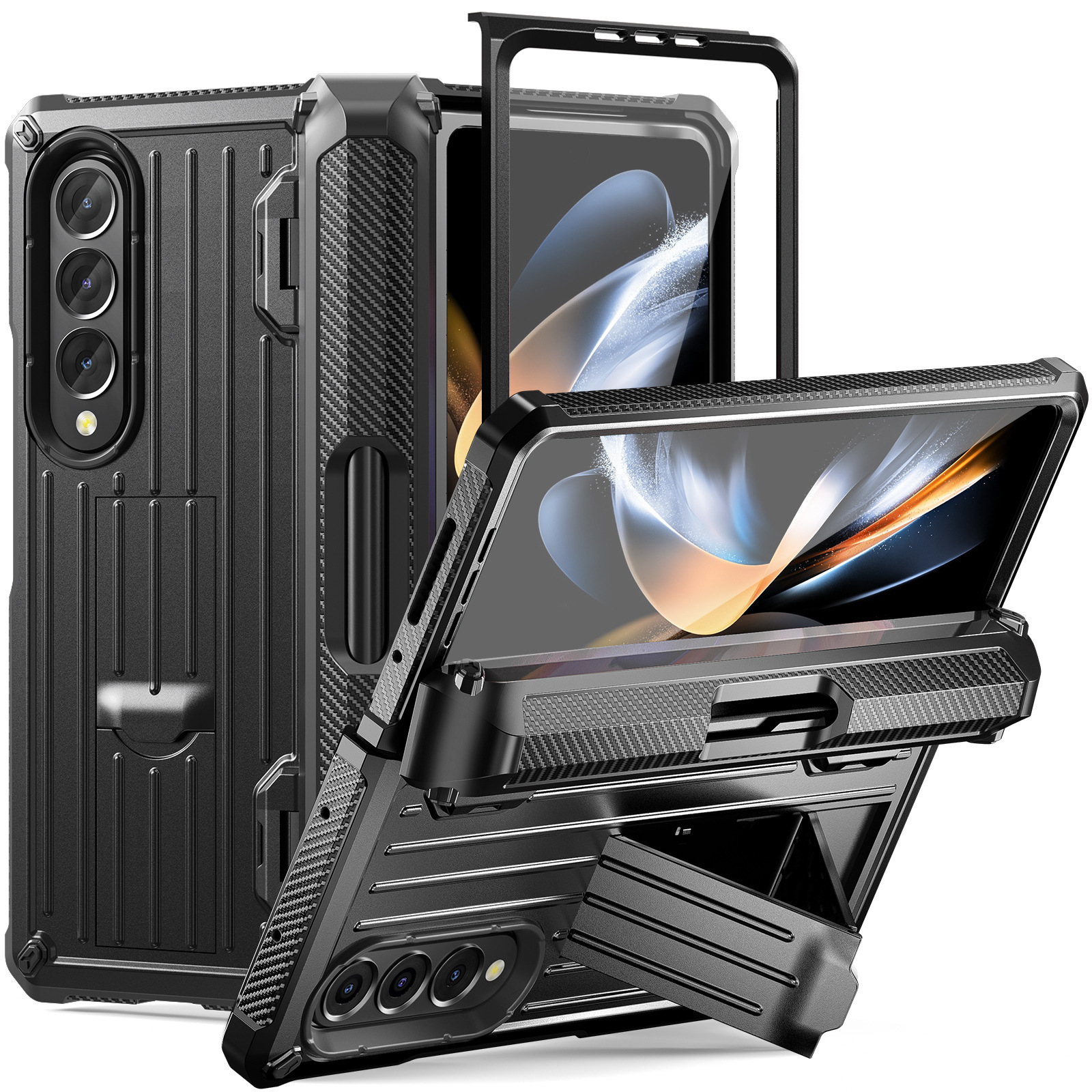 Compatible with Samsung ZFold5/4/3 phone case, hidden stand, pen slot case, full coverage foldable screen, drop-proof protective case - Black [Case and Screen Protector] without Pen Samsung Z Fold5 [with Box]