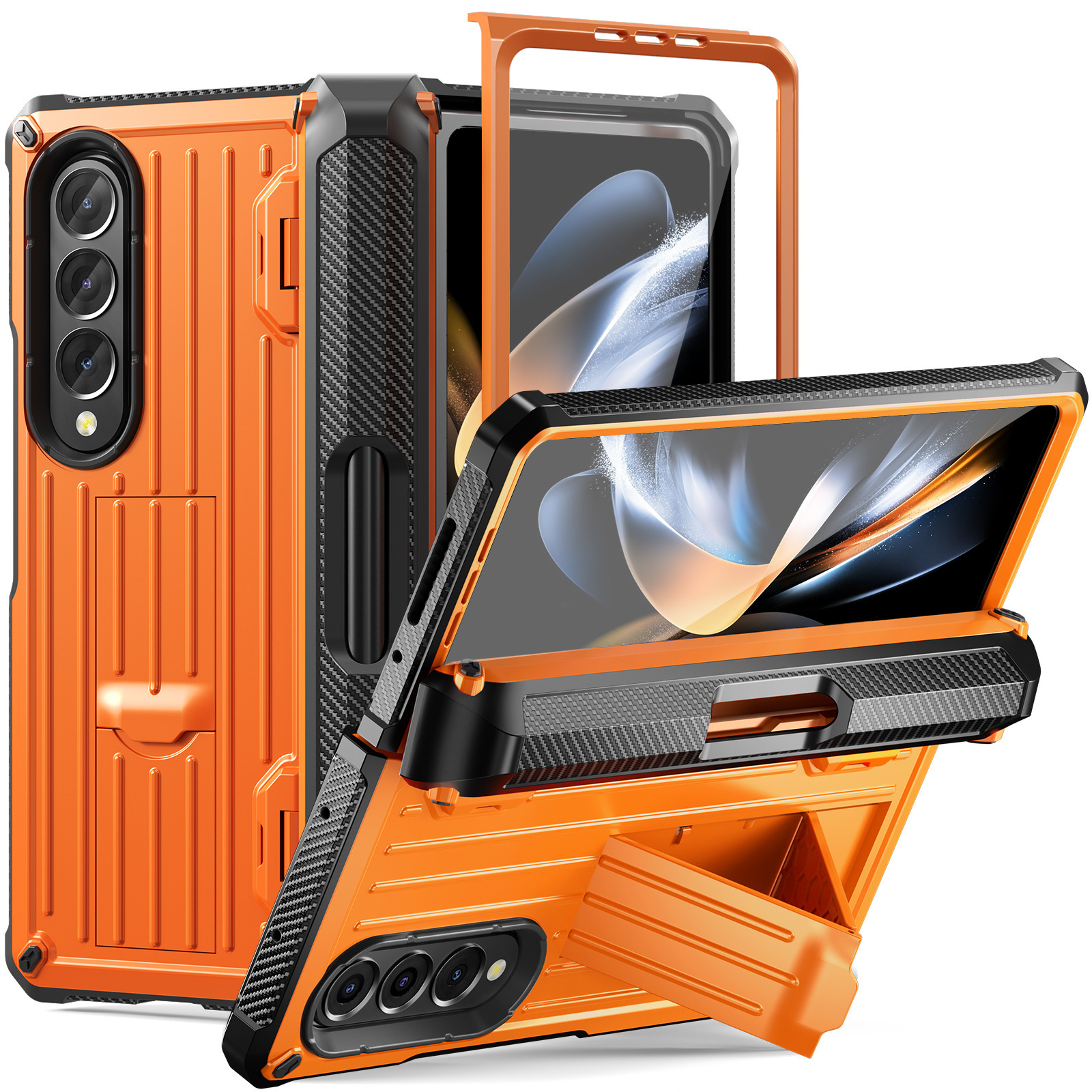 Compatible with Samsung ZFold5/4/3 phone case, hidden stand, pen slot case, full coverage foldable screen, drop-proof protective case - Orange [Case and Screen Protector] without Pen Samsung Z Fold5 [with Box]