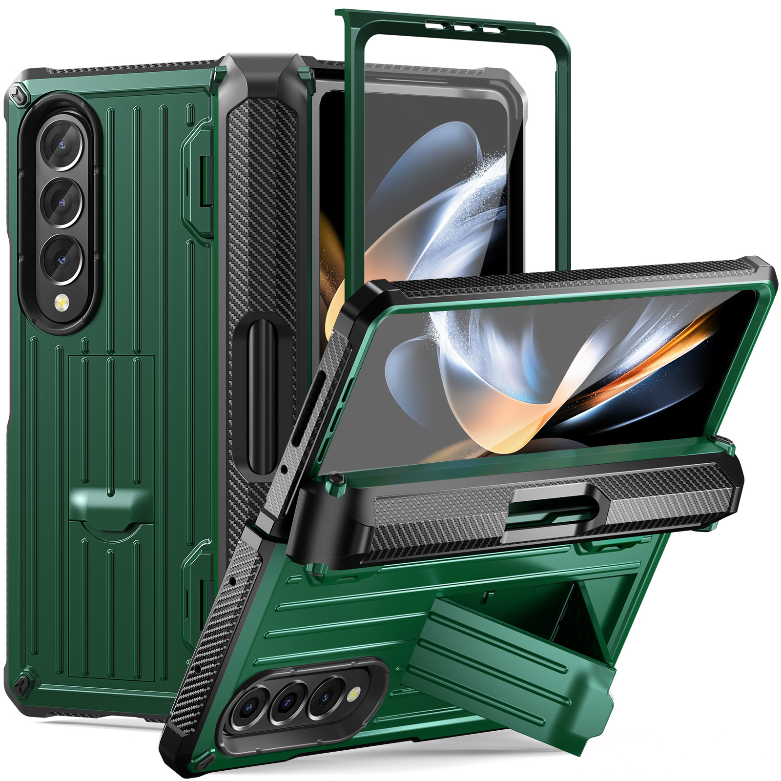 Compatible with Samsung ZFold5/4/3 phone case, hidden stand, pen slot case, full coverage foldable screen, drop-proof protective case - Green [Case and Screen Protector] without pen Samsung Z Fold5 [with box]