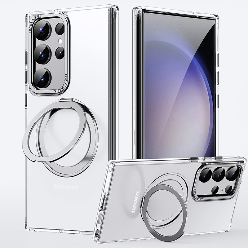 Compatible with Samsung S26/S25 Ultra phone case, 360° rotating magnetic stand, S24P transparent frosted protective case - Transparent Silver - Glowing Armor S26Ulrta