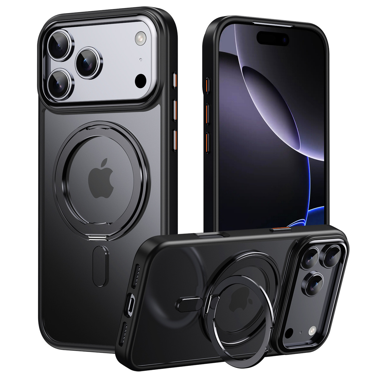 Compatible with Apple 17 Pro Max phone case, 16 Pro magnetic 360° rotating stand, 15 Plus drop-proof case, 14-inch protective case - Matte Black [Radiant Armor] IP-17promax