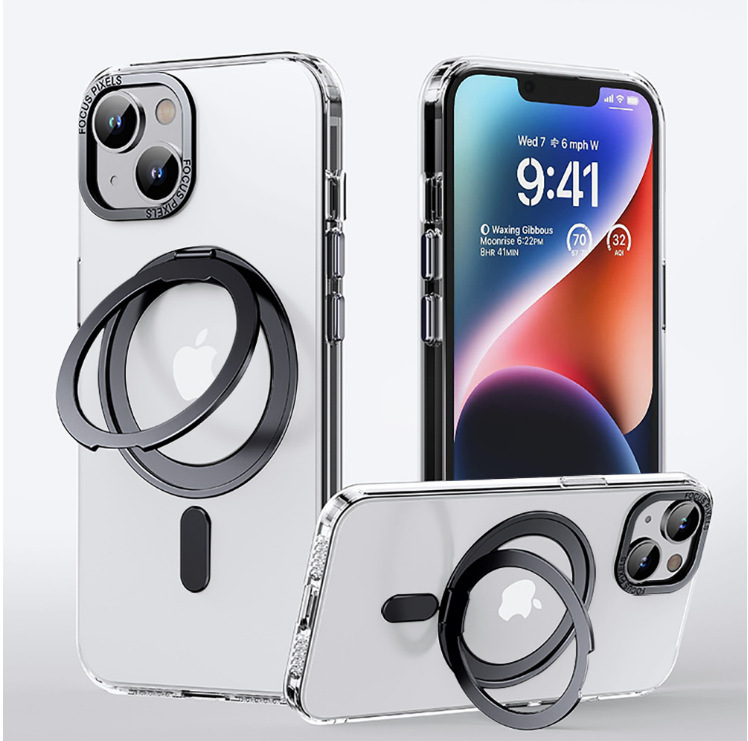 Compatible with Apple 17 Pro Max phone case, 16 Pro magnetic 360° rotating stand, 15 Plus drop-proof case, 14-inch protective case - Transparent Black [Radiant Armor] IP-17promax