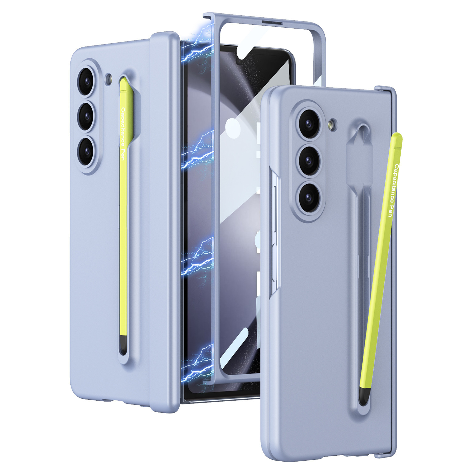 Compatible with Samsung Z Fold6/5 phone case, pen slot, magnetic swivel hinge, and folding screen protector. - Light blue hinge cover with green pen [with] Samsung Z Fold5