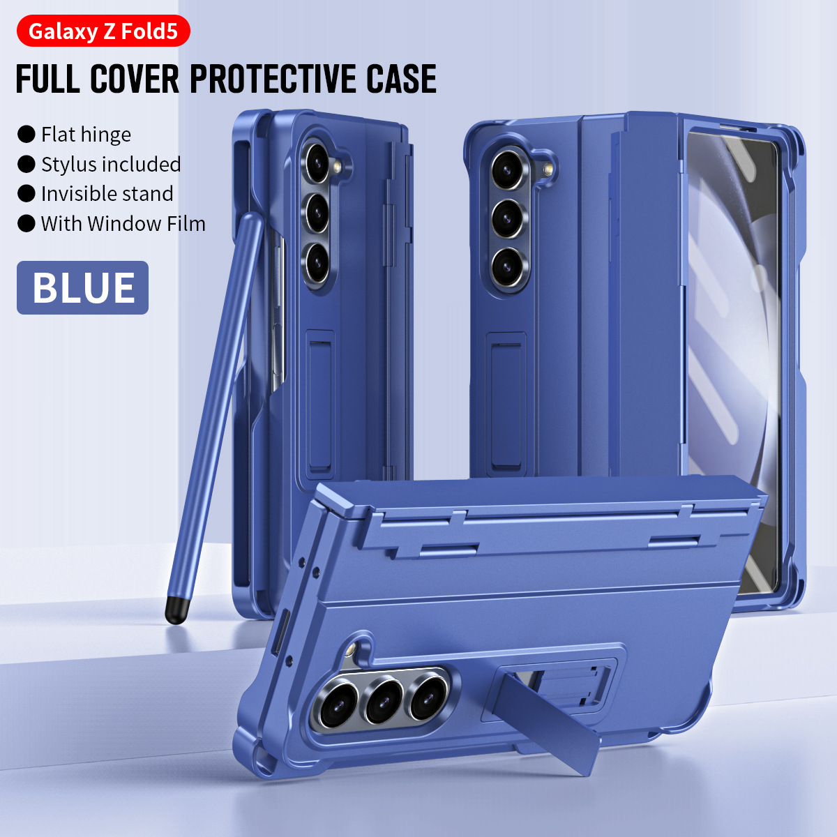 Compatible with Samsung Z Fold8U phone case 7/6/5 with side pen slot, pen hinge, 4/3 full-coverage case, screen protector, and stand. - Blue [Casing] with Pen Z Fold8ultra [Standard Edition]