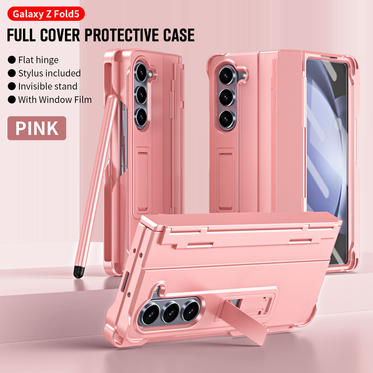 Compatible with Samsung Z Fold8U phone case 7/6/5 with side pen slot, pen hinge, 4/3 full-coverage case, screen protector, and stand. - Pink [Casing Cover] with Pen Z Fold8ultra [Standard Edition]