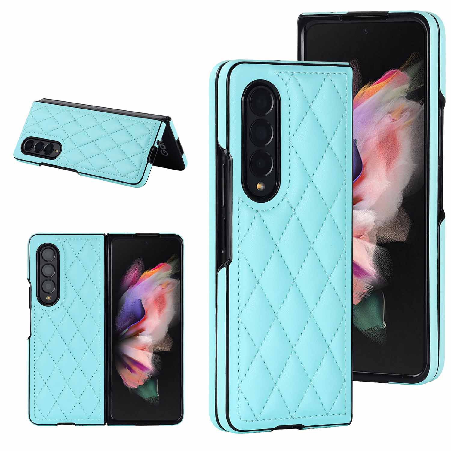 Compatible with Samsung Z Fold7/6 phone case 5/4/3 diamond pattern leather texture Flip6 mini folding screen protective case - Blue Samsung Z Fold7