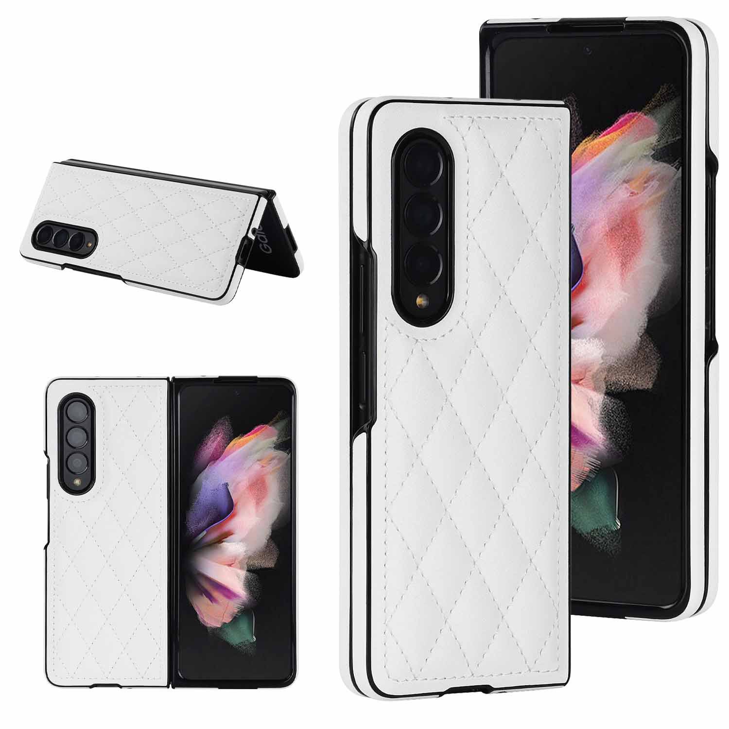 Compatible with Samsung Z Fold7/6 phone case 5/4/3 diamond pattern leather texture Flip6 mini folding screen protective case - White Samsung Z Fold7