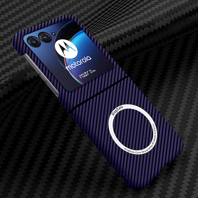Compatible with Motorola Razr 60/50 Ultra phone case, wireless charging, magnetic closure, 40U carbon fiber textured protective case - Dark purple magnetic clasp Razr 60 Ultra