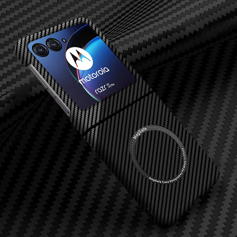 Compatible with Motorola Razr 60/50 Ultra phone case, wireless charging, magnetic closure, 40U carbon fiber textured protective case - Black and silver magnetic closure Razr 60 Ultra