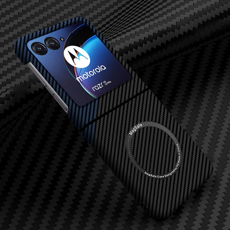 Compatible with Motorola Razr 60/50 Ultra phone case, wireless charging, magnetic closure, 40U carbon fiber textured protective case - Black and blue magnetic closure Razr 60 Ultra