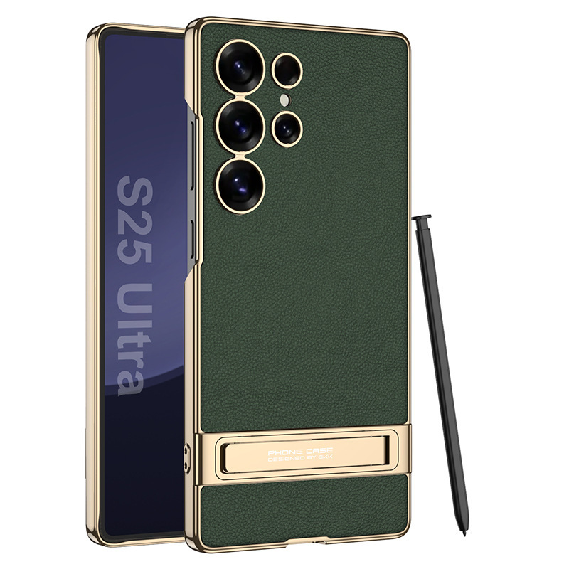 Compatible with Samsung S26/25 Ultra phone case, S24U electroplated leather, gear shift stand, precision hole, drop-proof protective case - Poplar Green SM-S26 Ultra [Pen Not Included]