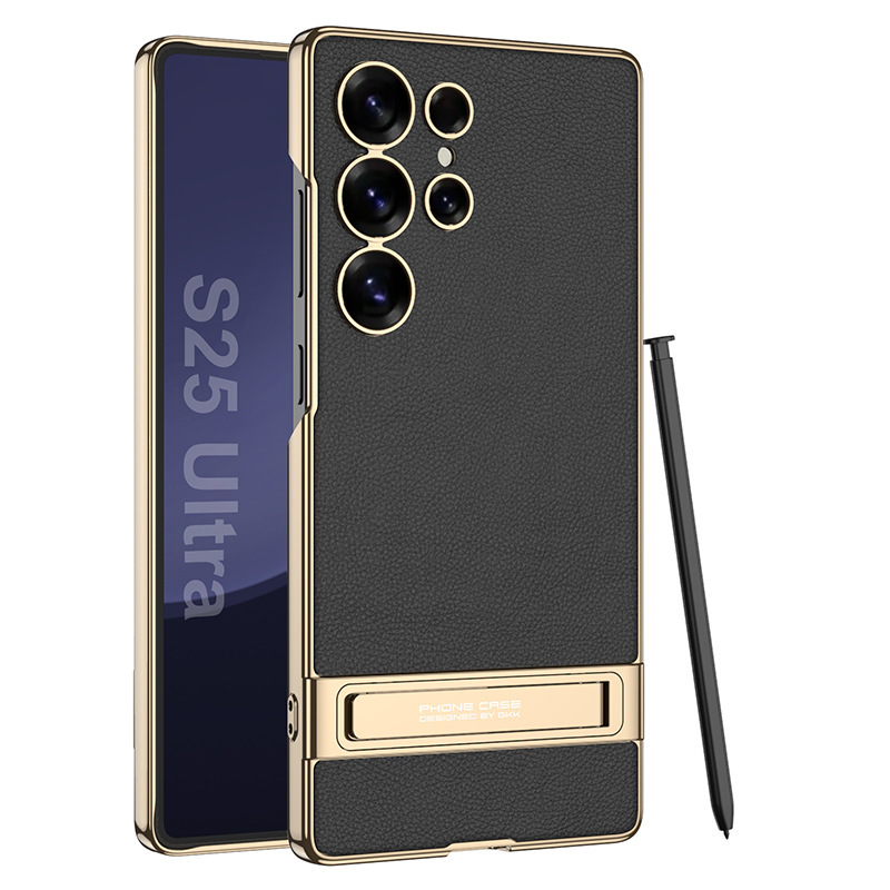 Compatible with Samsung S26/25 Ultra phone case, S24U electroplated leather, gear shift stand, precision hole, drop-proof protective case - Cool Black SM-S26 Ultra [Pen Not Included]