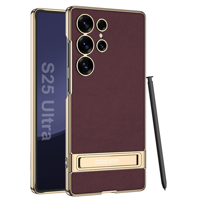 Compatible with Samsung S26/25 Ultra phone case, S24U electroplated leather, gear shift stand, precision hole, drop-proof protective case - Scarlet Shadow Red SM-S26 Ultra [Pen not included]