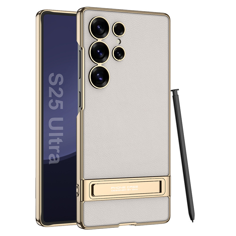 Compatible with Samsung S26/25 Ultra phone case, S24U electroplated leather, gear shift stand, precision hole, drop-proof protective case - Titanium Gray SM-S26 Ultra [Pen Not Included]