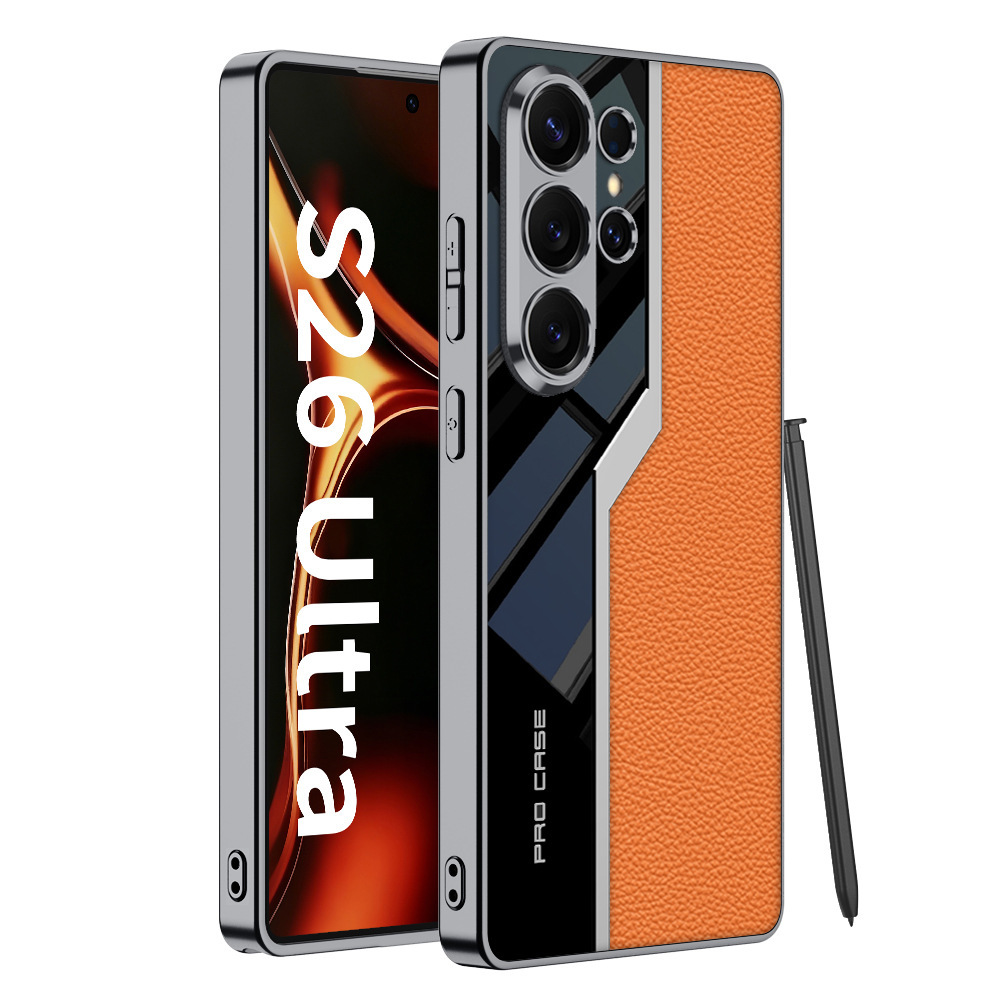 Compatible with Samsung S26 Ultra phone case, S25/24 Ultra electroplated leather case, S23U full-coverage shockproof protective case - Titanium Orange [Pen Not Included] Supercar SM-S26 Ultra
