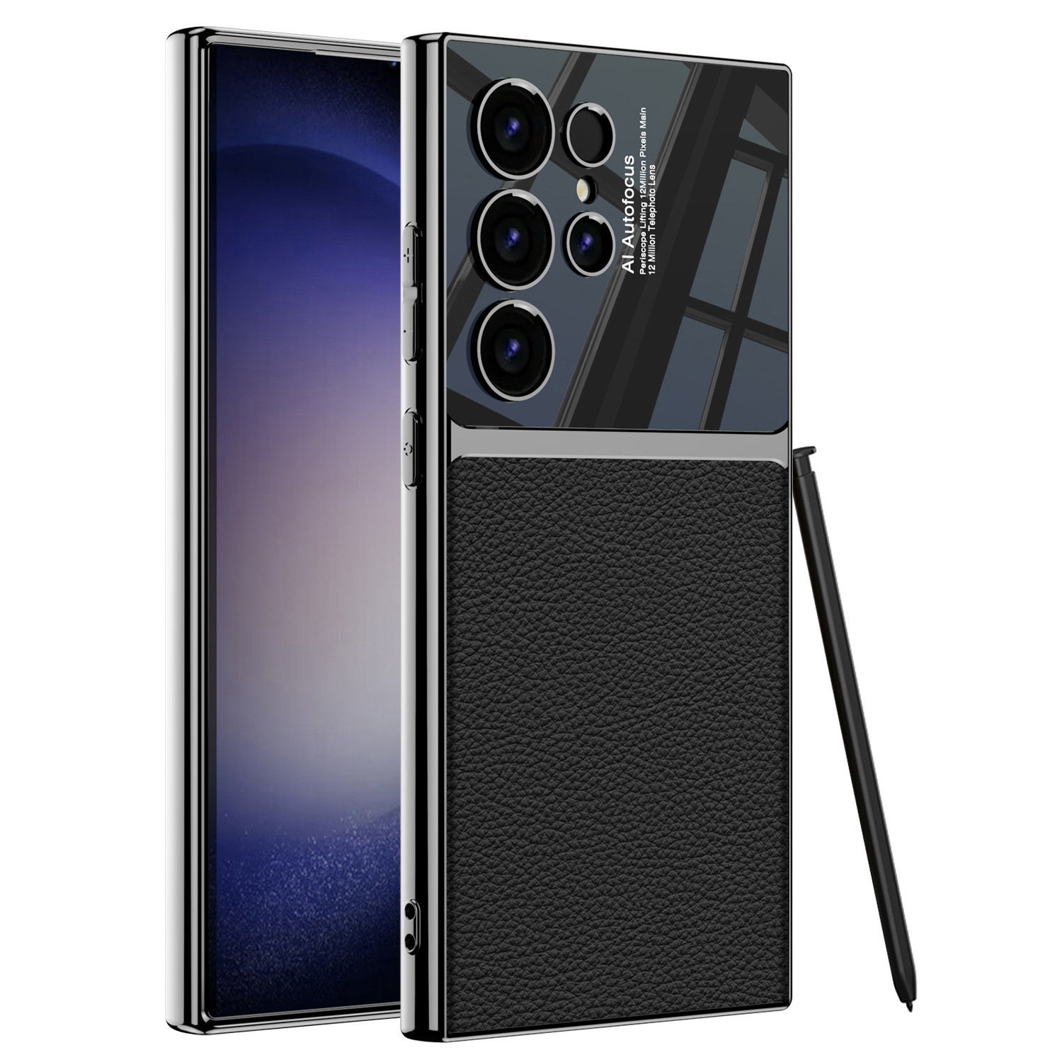 Compatible with Samsung S26 Ultra and S25 Ultra electroplated leather texture 24/23U stylish drop-proof protective cases - Cool Black [Pen Not Included] SM-S26Ultra