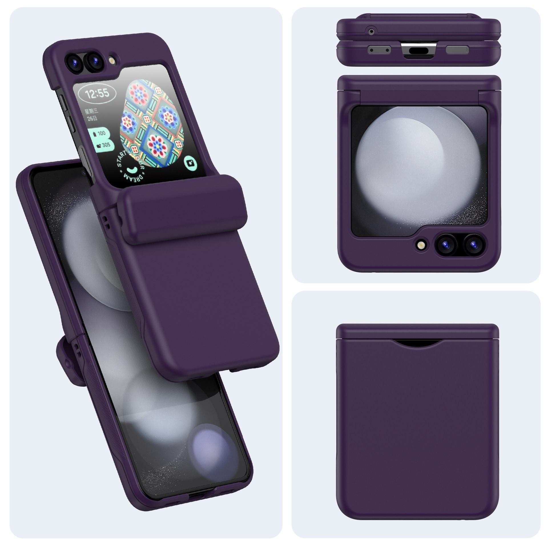 Compatible with Samsung Z Flip 7/6/5 phone cases, 4/3-inch internal card slot, hinge spring, full-coverage skin-feel protective case, cross-border e-commerce. - Dark purple Samsung-Z Flip7