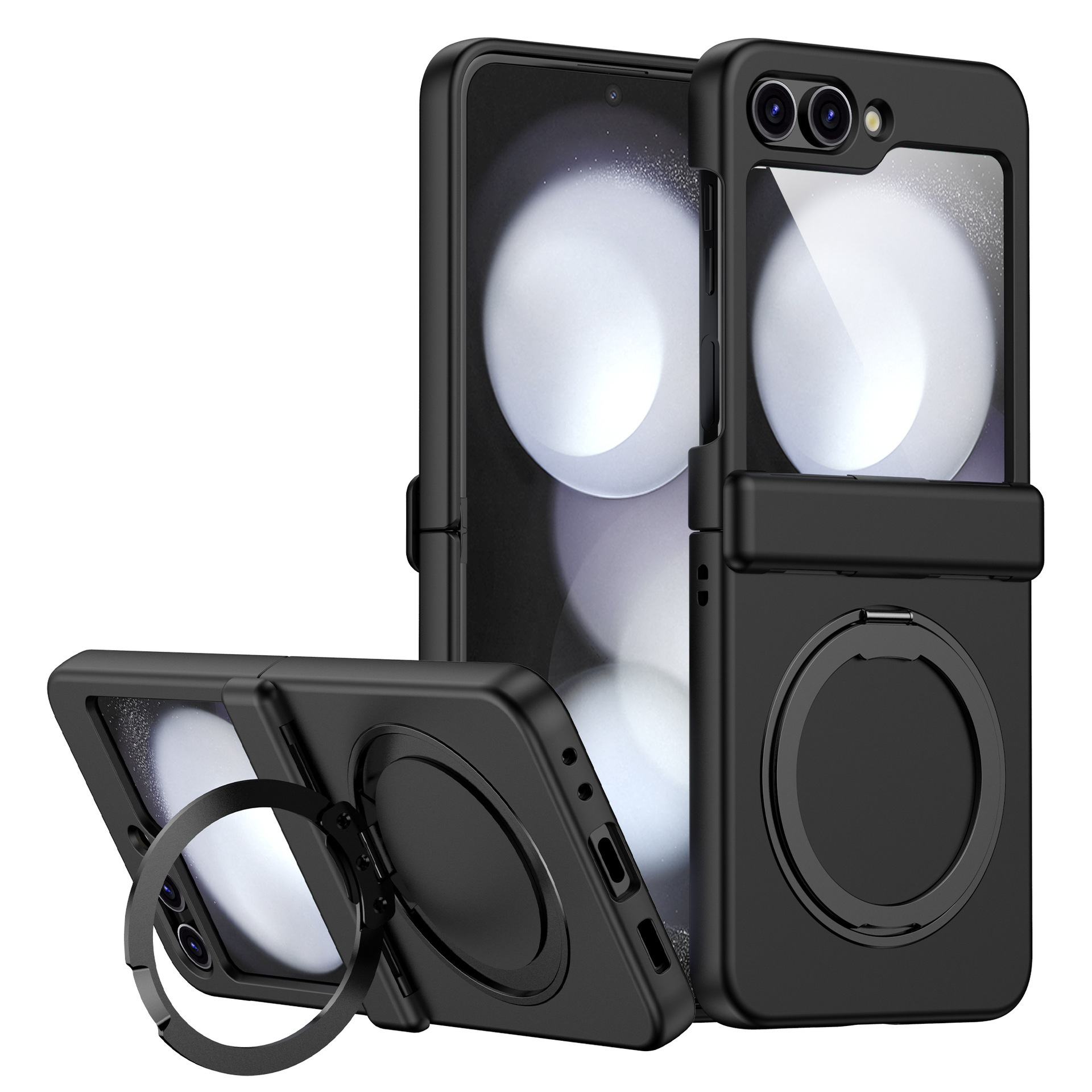 Compatible with Samsung Z Flip 7/6/5 phone case, 4/3 magnetic rotating stand, wireless charging center axis, drop-proof protective case. - Black Samsung Z Flip7