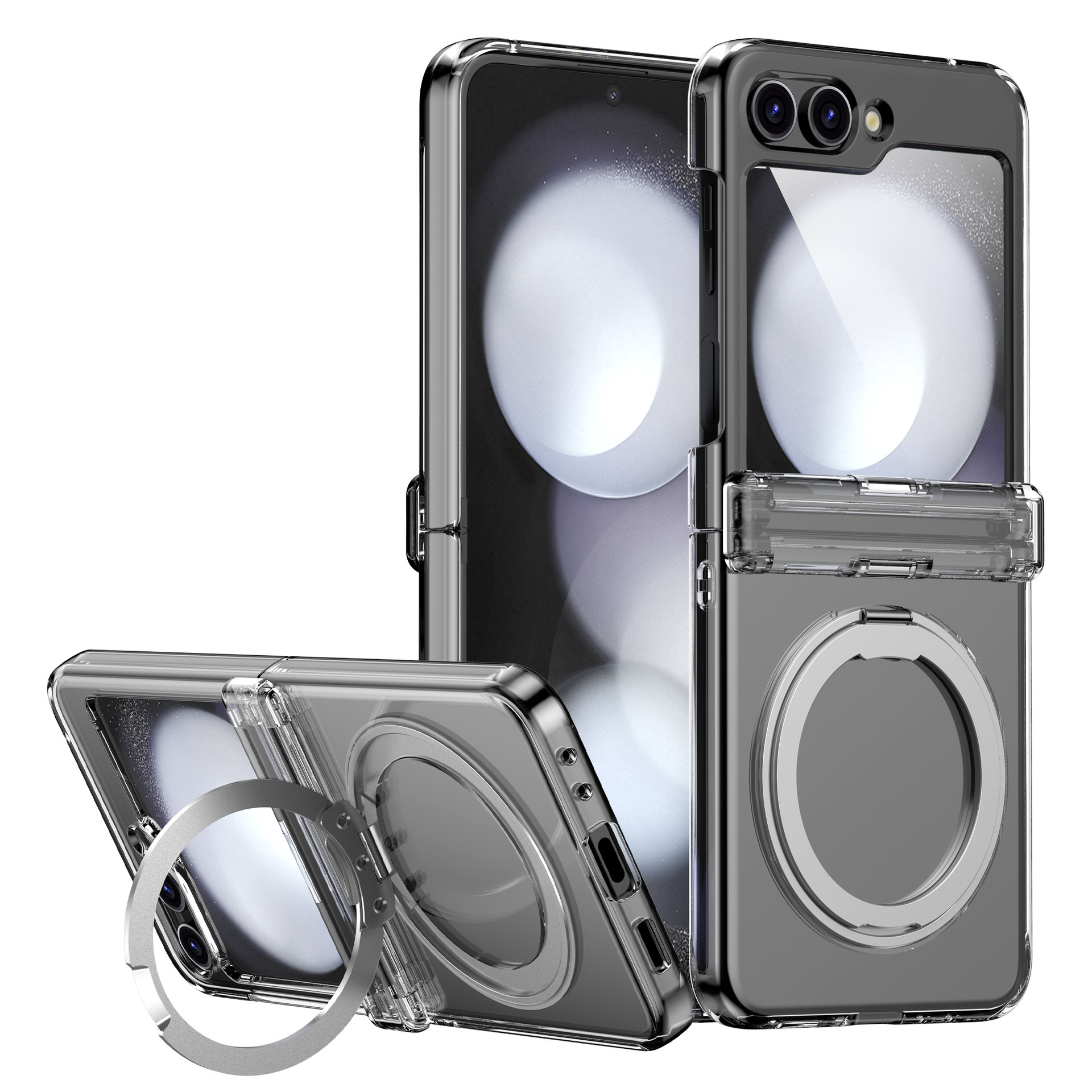 Compatible with Samsung Z Flip 7/6/5 phone case, 4/3 magnetic rotating stand, wireless charging center axis, drop-proof protective case. - Transparent Samsung-Z Flip7
