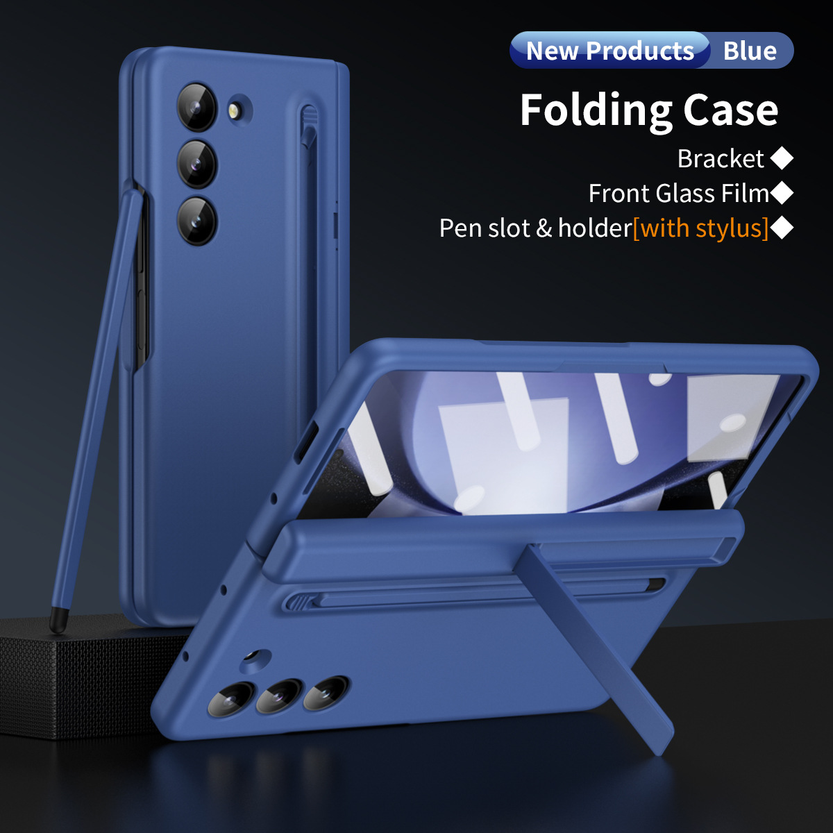 Compatible with Samsung Z Fold 8/7 phone case 6/5 with pen, hinge, side stand, 4/3 full-coverage protective case. - Blue [Cover and Pen Included] SM-Z Fold8U [Standard Edition]