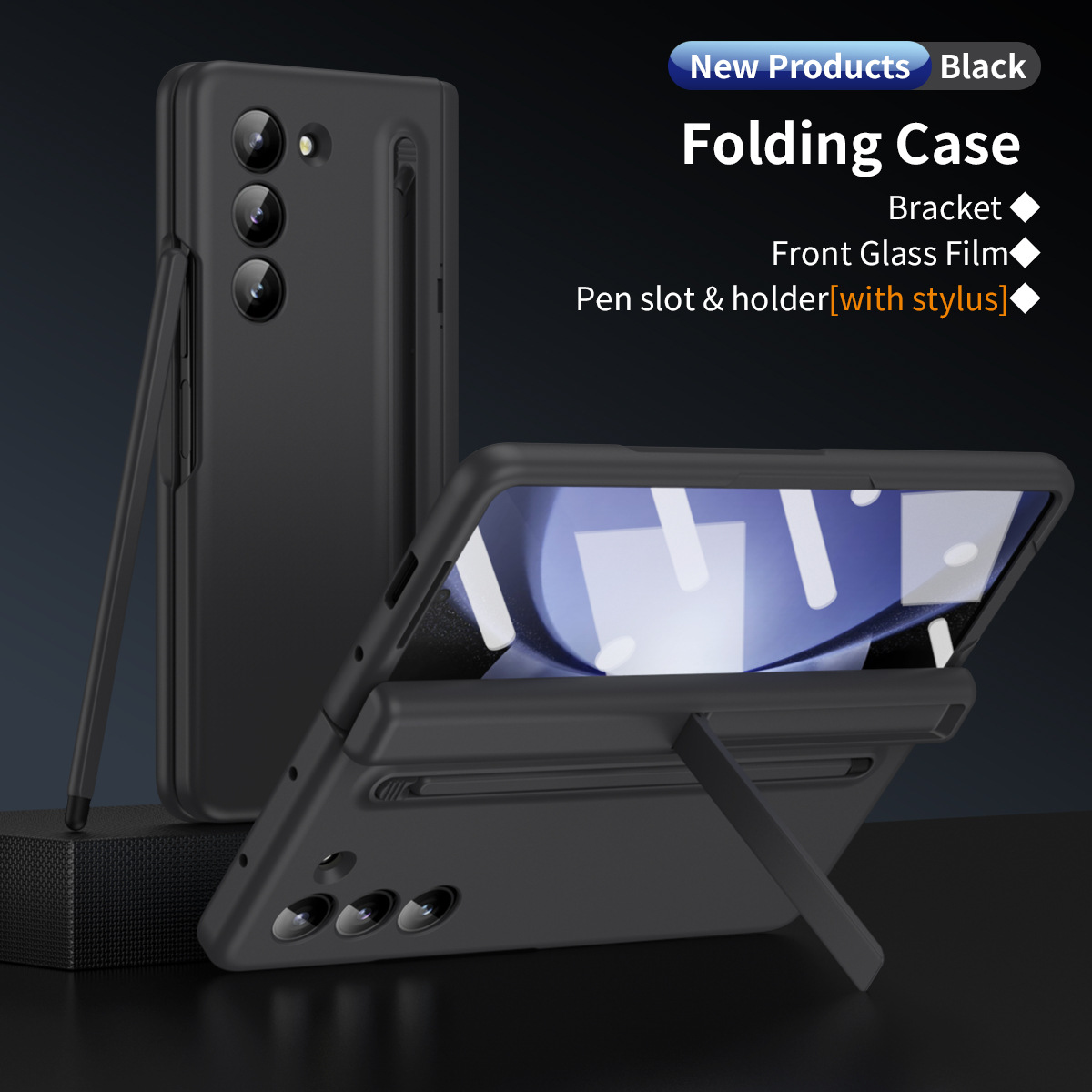 Compatible with Samsung Z Fold 8/7 phone case 6/5 with pen, hinge, side stand, 4/3 full-coverage protective case. - Black [Case with Pen] SM-Z Fold8U [Standard Edition]