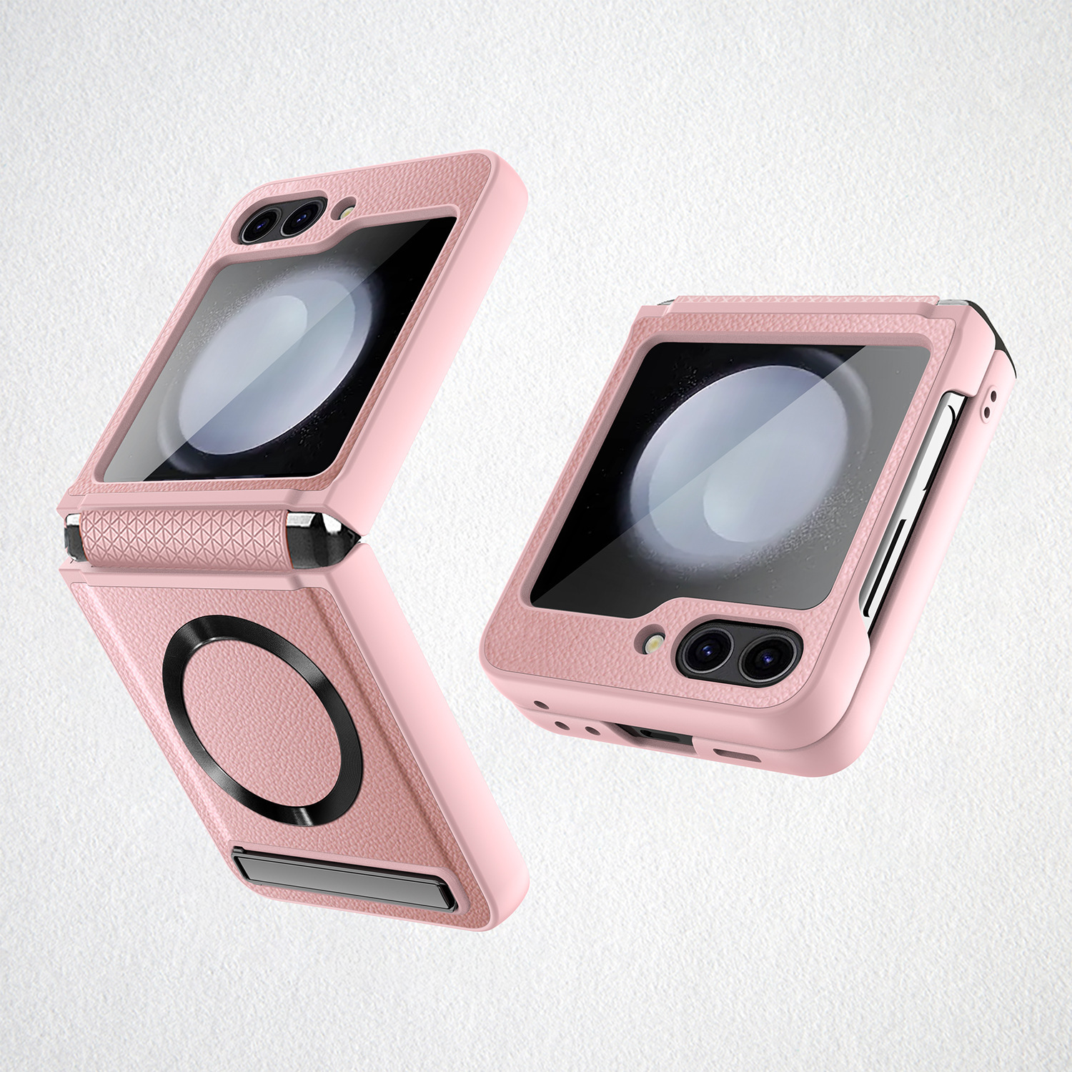 Compatible with Samsung Z Flip 7/6/5 phone case, 4/3 pebbled leather texture, magnetic charging case, screen protector, full-coverage protective case. - Pink Case Screen Cover for Samsung SM-Z Flip7