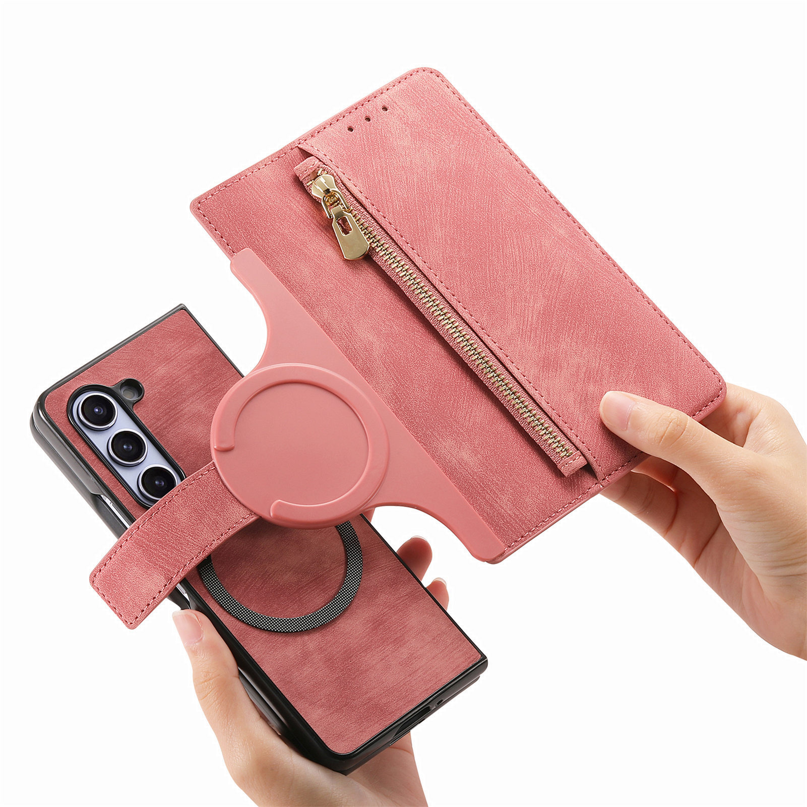 Compatible with Samsung Z Fold8U phone case, 7/6 magnetic detachable zipper, card slot, 5/4 flip cover, protective case. - Pink Z Fold8ultra