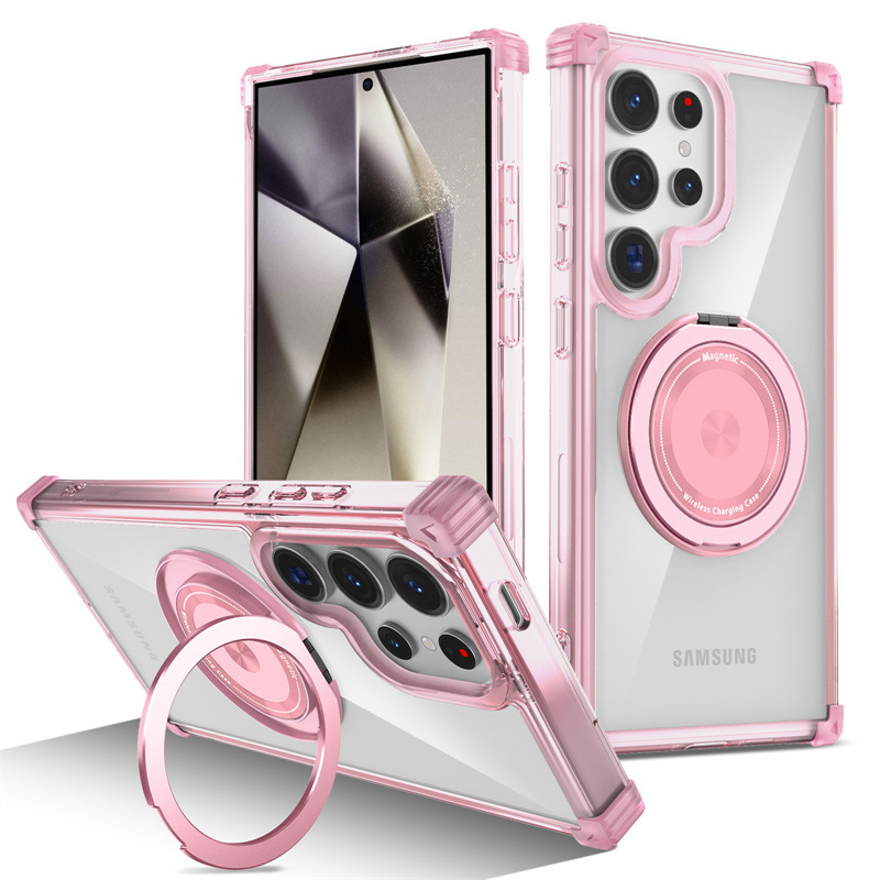 Compatible with Samsung S26/25 Ultra phone case, 24FE magnetic 360° rotating stand, Note20 drop protection case. - Translucent Pink [360° Rotating Ring] Samsung-S26ULTRA