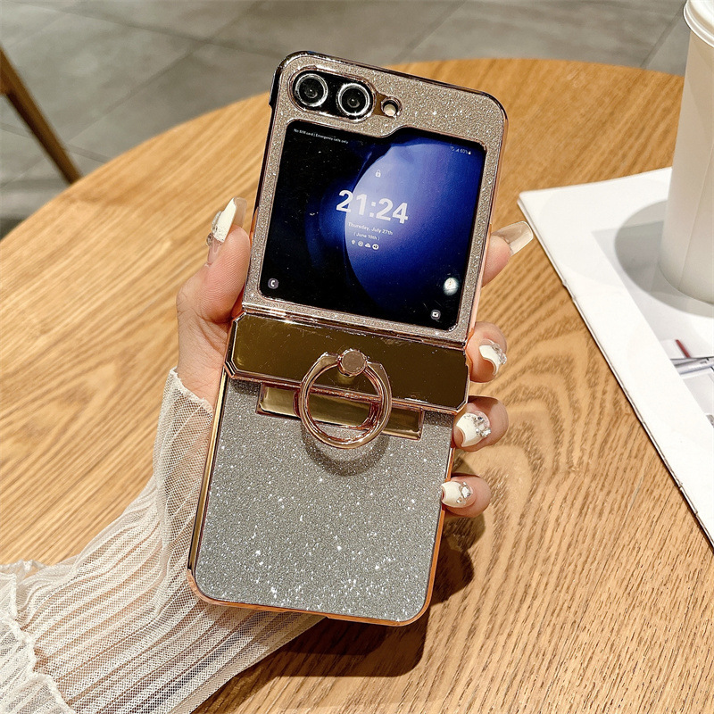Compatible with Samsung ZFlip 8/7 phone case, 6/5 rhinestone glitter ring hinge, 4/3 folding screen, drop-proof protective case. - Flip 5 Gold [No Rhinestones] 