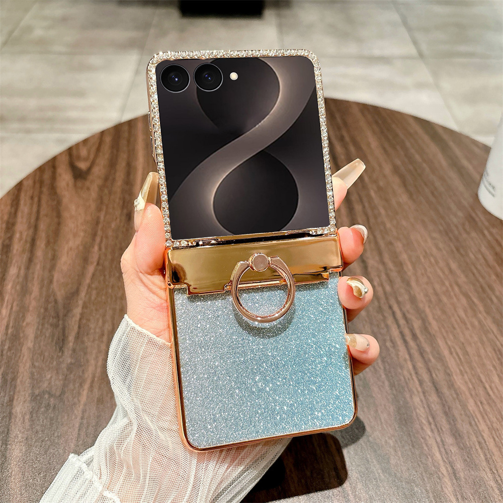 Compatible with Samsung ZFlip 8/7 phone case, 6/5 rhinestone glitter ring hinge, 4/3 folding screen, drop-proof protective case. - Flip 8 Blue [Rhinestone Attached] 