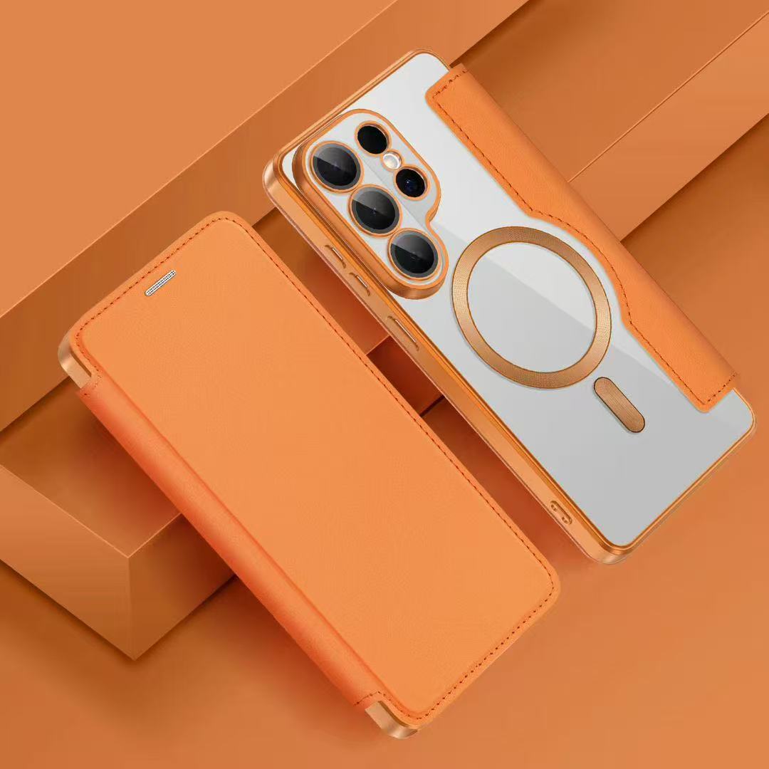 Compatible with Samsung S26 Ultra phone case A57 electroplated magnetic 36 flip leather case S25/24P shockproof protective case - Orange [Gold Shield] S26Ultra