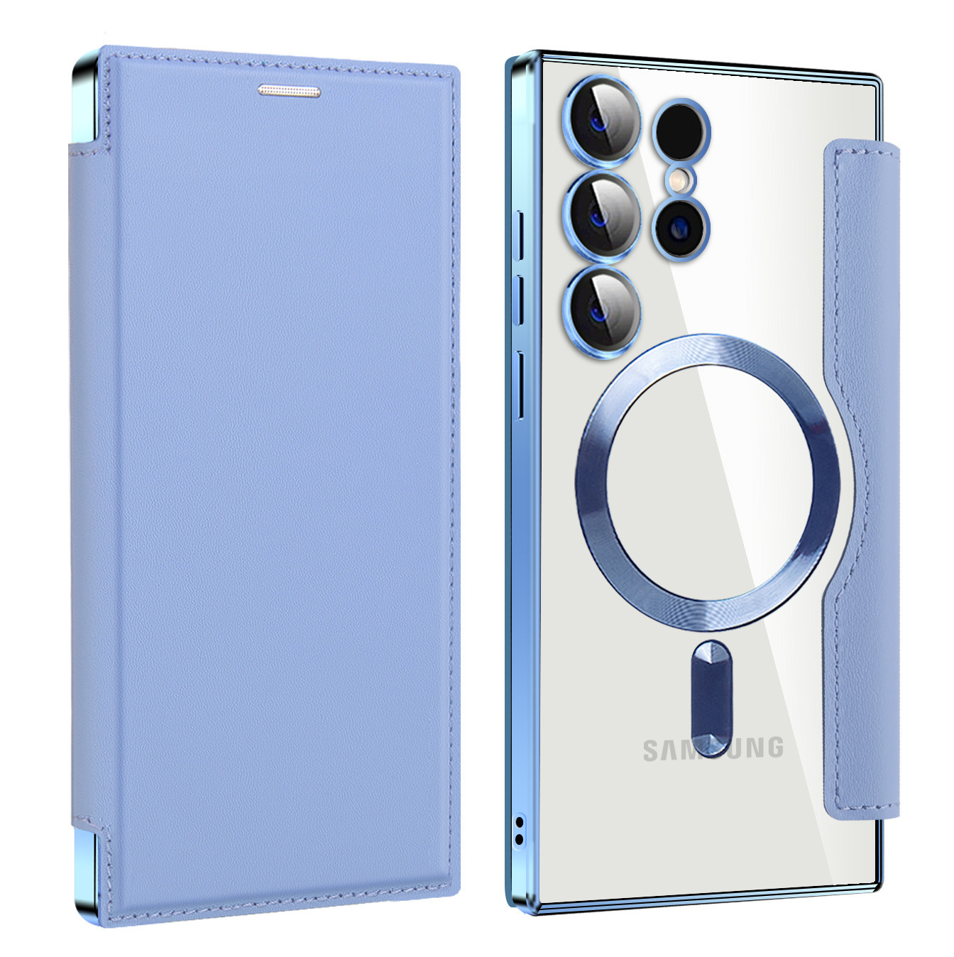 Compatible with Samsung S26 Ultra phone case A57 electroplated magnetic 36 flip leather case S25/24P shockproof protective case - Sky Blue [Gold Shield] S26Ultra