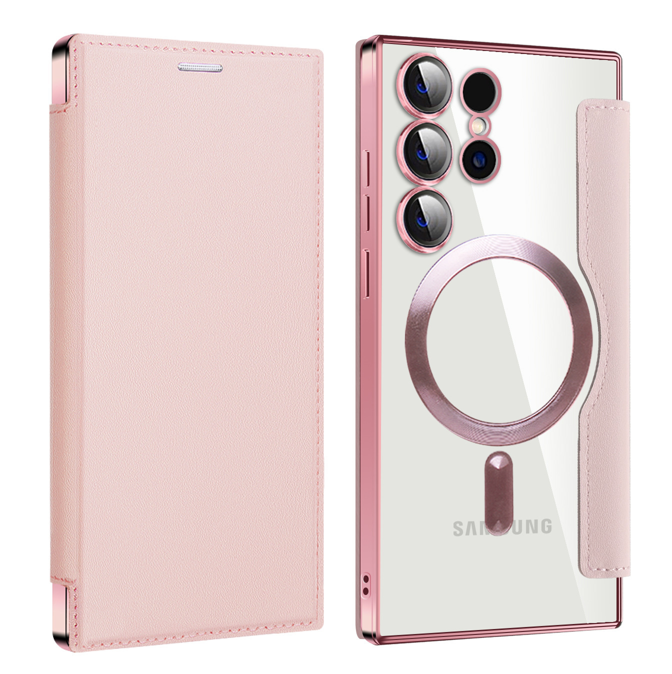 Compatible with Samsung S26 Ultra phone case A57 electroplated magnetic 36 flip leather case S25/24P shockproof protective case - Rose Pink [Gold Shield] S26 Ultra