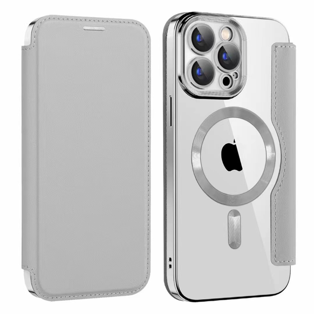 Compatible with Apple 17 Pro phone case 16/15 Pro Max, electroplated magnetic, 14/13, Amazon 12 flip leather case - Silver Gray IP-17promax