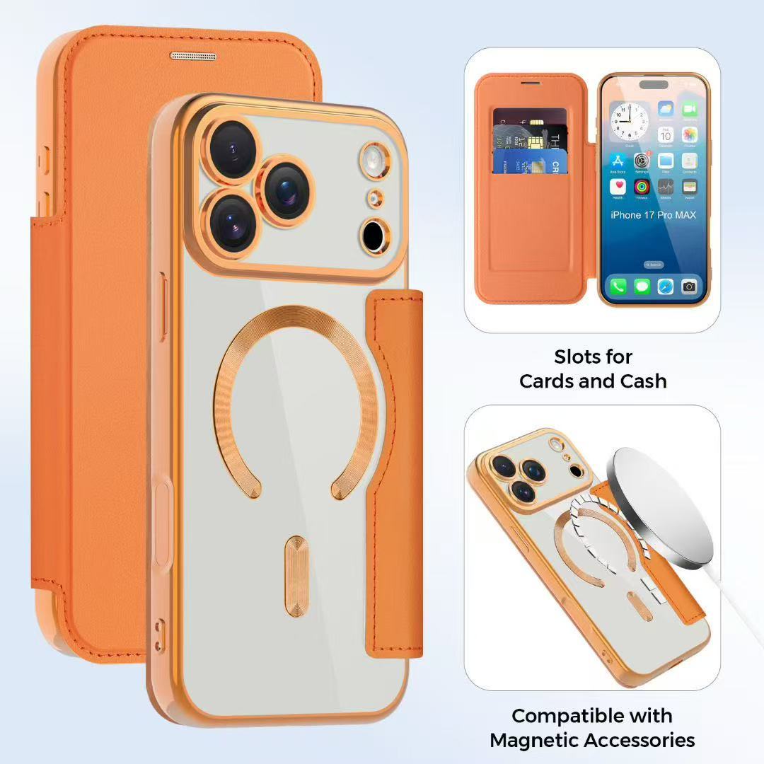 Compatible with Apple 17 Pro phone case 16/15 Pro Max, electroplated magnetic, 14/13, Amazon 12 flip leather case - Orange IP-17promax