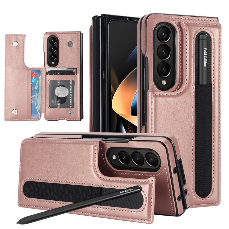 Compatible with Samsung Z Fold7/6/5 phone case, 4/3-inch double-buckle card slot pen case folding stand drop-proof protective case - Rose Gold Samsung Z Fold7 [Pen Not Included]